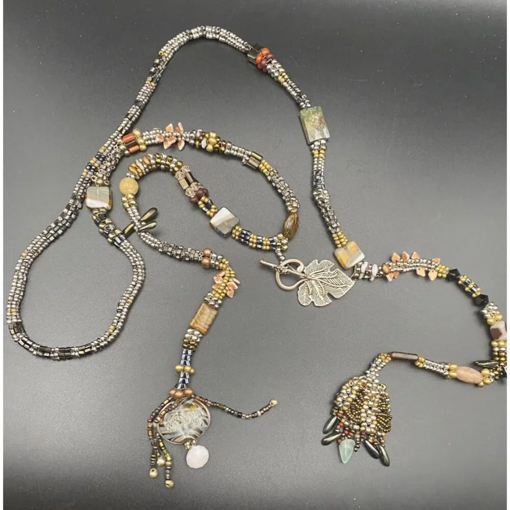 Artisan  Necklace Boho Natural Stone Shell Glass Bead Antiqued Bronze Toggle 38" - Picture 2 of 13